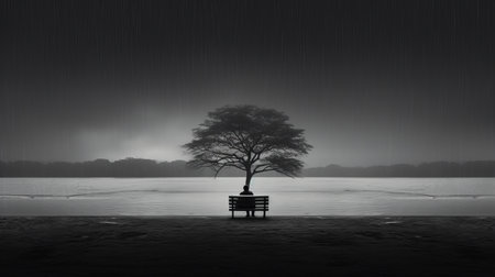 a portrait of a little girl standing beside a tree in the rain, evoking a sense of loneliness. this photo captures the essence of yan tien's style, reminiscent of andy fairhurst's work. the dark black and silver tones, along with the monochrome painting effect, create a calming and symmetrical composition. the 8k resolution and uhd image quality enhance the details of the snow scenes. aiの素材