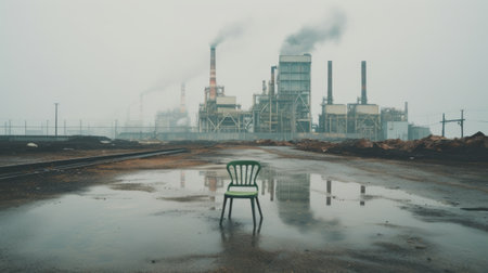 a green chair sits on a paved road in front of an industrial plant, capturing the misty gothic style. this photo, taken with provia, showcases reflections and raw materials, while symbolizing environmental activism and the impact of the anthropocene era. the iconic imagery merges elements of nature and industry. ai generatedの素材