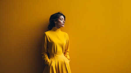 a woman stands against a vibrant yellow backdrop, wearing a striking red dress. the photo exudes a moody and introspective tone, with a color palette dominated by dark yellow and light orange hues. the composition is reminiscent of the larme kei style, showcasing an elegantly formal atmosphere. the image is characterized by sharp angles and a combination of dark teal and dark yellow tones. aiの素材