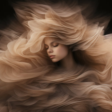 the woman in the photo is covered in a soft, golden light. her brown hair flows in fluid, blending forms. the image has dreamlike illustrations and post-processing, creating a soft and dreamy atmosphere. the dramatic movement of the woman adds to the sculpted feel of the photo. ai generatedの素材