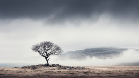 a lone tree stands atop a hill, surrounded by ethereal clouds in the background. this atmospheric and moody landscape, reminiscent of scottish scenery, showcases the layered and captivating beauty of nature. the monochrome tones add to the overall atmospheric woodland imagery, creating a mesmerizing and timeless scene. ai generatedの素材
