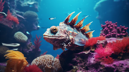 fish on rocks background underwater stock photo featuring fantastical and imaginative creatures. this 8k resolution image is colorized in light crimson and blue tones. the sharp and prickly elements are digitally enhanced, creating a captivating snailcore aesthetic. ai generatedの素材