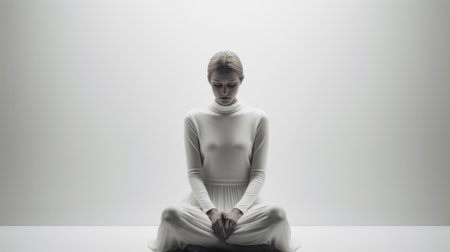 sad woman sitting alone in a white room, captured in a 3d visualization. this photo, inspired by the style of gabriel isak and influenced by zen buddhism, reflects the artistic touch of nadav kander. with a symmetrical composition and sharp focus, it evokes a sense of solitude and introspection. the ballet academia elements, reminiscent of bertil nilsson's work, add an intriguing dimension to the overallの素材