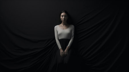 a woman stands in a dark background at night, illuminated by a black light. this portrait captures the modern architecture and minimalist textiles, with flowing fabrics reminiscent of the renaissance-inspired chiaroscuro. the uhd image by sacha goldberger showcases the interplay of light and shadows, creating a captivating visual contrast. keywords: woman, black light, night portrait, shadows, dark background, modern architecture, minimalist textiles, uhd image, sachaの素材