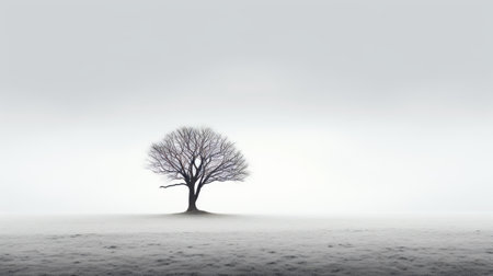 a lone tree stands tall in the midst of snowy and cloudy weather, creating a captivating scene of layered imagery. the mist adds a touch of subtle irony to the minimalist purity of the landscape, with contrasting shades of light white and dark black. this 8k resolution photograph captures the essence of dutch landscapes and showcases nature-inspired imagery. ai generatedの素材