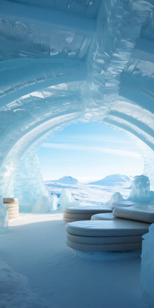 an ice hotel featuring white walls and furniture scattered on the floor, resembling fantasy landscapes. this stunning image, captured by caras ionut, showcases the mesmerizing beauty of norwegian nature. with circular shapes and a hazy, dreamlike quality, this 32k uhd photograph transports you to a magical icy wonderland. ai generatedの素材