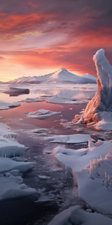 ice floes melting in sunlight, reminiscent of max rive's style. the gentle hues of light crimson and beige create a romanticized view, similar to the works of oleksandr bogomazov. spectacular backdrops and saturated color fields enhance the beauty of the scene. ai generatedの素材