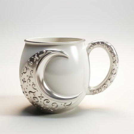 3d model mugs featuring intricate art nouveau style. these coffee cups are designed with a blend of white and silver colors, creating surreal still life compositions. the heavy texture adds depth to the traditional chinese-inspired design, characterized by smooth curves and mythological symbolism. ai generatedの素材