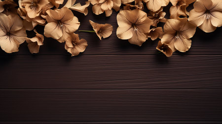 a brown flower with green leaves sits on a wooden surface, creating a dark and dramatic composition. this scrapbook-style photo showcases delicate flowers against a matte background, with decorative dark gold accents. the overall aesthetic is reminiscent of theatrical and artistic elements. ai generatedの素材