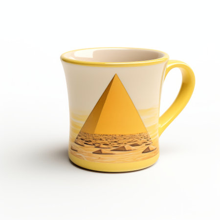 a large mug featuring a hyperrealistic rendering of an ancient pyramid. the image showcases a perspective rendering with a desertwave and tumblewave effect. the pyramid is depicted in light yellow and light amber hues, resembling the artistic style of cloisonnism. this stunning design was created using maya rendering software. ai generatedの素材