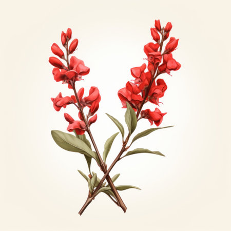 two vibrant red flowers stand out against a clean white background. the intricate foliage surrounding them is reminiscent of the highly detailed style of hyacinthe rigaud. the energetic gestures and realistic rendering bring the flowers to life. this artwork draws inspiration from chinese iconography, with elements reminiscent of the western zhou dynasty and intertwining materials. ai generatedの素材