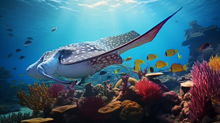 a stunning oceanscape photo captures a sting ray gracefully gliding through vibrant coral reefs. this realistic and hyper-detailed rendering showcases the beauty of marine life. the uhd image showcases the intricate details, reminiscent of the works of ludwig meidner and hans zatzka. the high definition photograph features simple yet colorful illustrations that bring the underwater world to life. ai generatedの素材