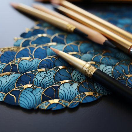 art nouveau pencils, inspired by traditional japanese artistic techniques, rest on a sleek black countertop. the pencils showcase a captivating blend of dark turquoise and light gold, reminiscent of detailed marine views. created by painters and sculptors, these pencils feature watercolor illustrations and meticulous design. their luxurious fabrics add an extra touch of elegance. ai generatedの素材