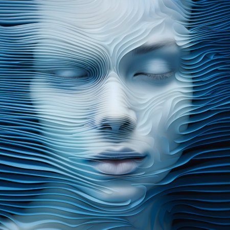 a female head is depicted in this photo, featuring an abstract visual illusion. bluetoned waves gracefully curve around the face, creating a textured surface layer. the artwork draws inspiration from various sources such as data visualization, ethereal sculptures, stimwave, transcendental dreaming, textured illustrations, and layered images. ai generatedの素材