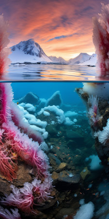 the polar sea in autumn is captured in this stunning photo, showcasing a serene blue lake covered in a layer of ice. the composition is enhanced with a touch of light orange and magenta, creating a captivating visual experience. the underwater world is intricately depicted, revealing a hyperrealistic portrayal of marine life. taken with a canon eos 5d mark iv, this national geographic photo beautifullyの素材