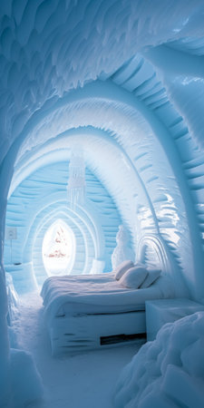 ice hotel in the snow, featuring a mesmerizing blend of light azure and bronze hues. constructed with rubber material, this dreamy and soft depiction showcases psychedelic-inspired designs. the solarizing masterwork is adorned with wavy resin sheets, creating a captivating and ethereal atmosphere. the hotel's light white color adds to its enchanting allure. ai generatedの素材