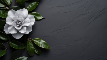 a white magnolia flower stands out against a dark background, accompanied by leaves. the minimalist style of the background enhances the sculpted beauty of the flower. the dark gray and black tones create a somber mood, while also reflecting environmental awareness. this handcrafted design showcases the essence of naturecore. ai generatedの素材
