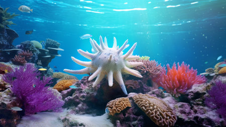 colorful underwater reef in the sea, featuring vibrant cactus and coral. this photorealistic image showcases the accuracy of the details, with a palette of light beige and white. the interactive exhibits add an engaging element to the scene, while the teal and magenta hues create a captivating contrast. inspired by the beauty of norwegian nature, the reef is adorned with white and orange spherical sculptures.の素材