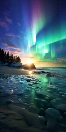 the photo showcases green rocks, creating a luminous and dreamlike scene reminiscent of romantic landscapes. the light art captures shades of emerald and blue, contrasting against the dark sky-blue and magenta hues. this national geographic photo offers a realistic depiction of light, merging natural elements with an artistic touch. ai generatedの素材