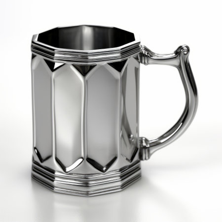a silver metallic beer mug, captured in an angular dramatism style, is showcased in this darkly detailed associated press photo. embracing the cabincore aesthetic, the precise draftsmanship highlights the sharp edges and pristine geometry of the mug. ai generatedの素材