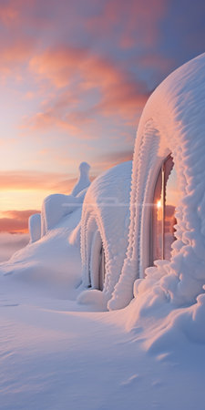 ice structures covered in snow create whimsical dreamscapes in this uhd image. captured with a canon eos 5d mark iv, the golden hues of the scene evoke a sense of tranquility. the cabincore aesthetic is enhanced by the white and pink tones, reminiscent of a picturesque winter wonderland. ai generatedの素材