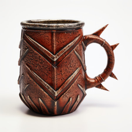 the 3d printed mountain spike spiked mug, designed in the style of crimson and brown, is showcased in this tabletop photograph. created by artists don maitz and ben wooten, this mug features texture-based, engraved line-work, and is made from weathered materials. ai generatedの素材