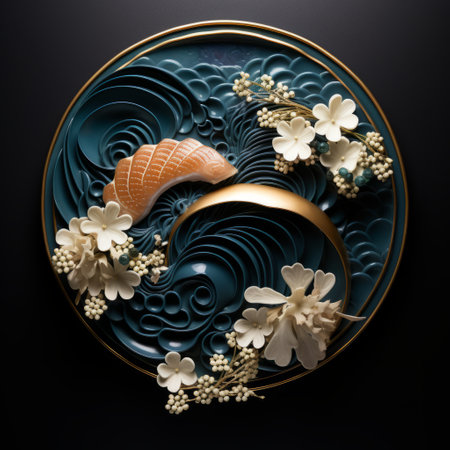 an origami sushi sculpture sits on a round table, resembling naturalistic ocean waves. the luxurious wall hangings by shigeru aoki feature flower and nature motifs, with a color palette of dark turquoise and light gold. miki asai's heavy use of palette knives adds texture to the artwork. ai generatedの素材