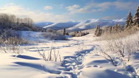 a winter road with a snowy backdrop, captured in the style of delicately rendered landscapes. the image showcases spiky mounds and mountainous vistas, reminiscent of romanticized depictions of wilderness and serene pastoral scenes. this national geographic and associated press photo beautifully captures the serene beauty of a winter landscape. ai generatedの素材