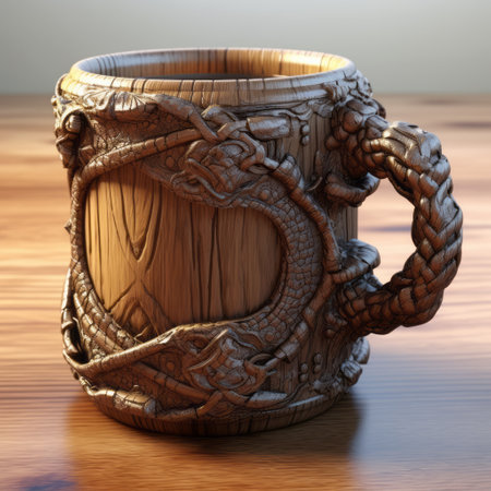 3d printed dragon mug with intricate wood grain design, created using cinema4d. this historical illustration-inspired mug features hidden details and precise nautical elements. the uhd image showcases the stunning vray tracing, bringing the dragon and wood grains to life. perfect for dragon enthusiasts and those who appreciate meticulous craftsmanship. ai generatedの素材