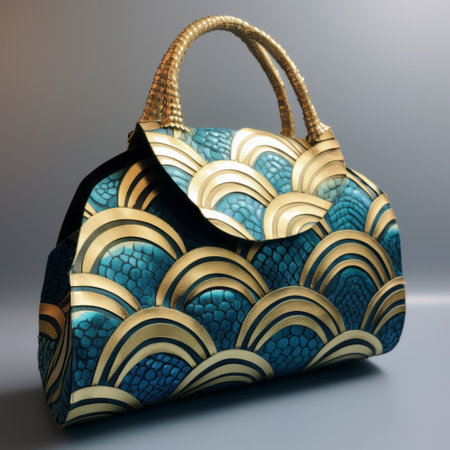 the bag features blue and gold accents, inspired by vray and naturalistic ocean waves. it also incorporates african patterns and is rendered in cinema4d, showcasing an art deco design. the use of traditional japanese artistic techniques adds a high level of detail to the bag's overall aesthetic. ai generatedの素材