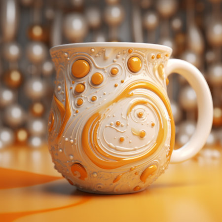 the mug, created with pixel shader on the oculus system, showcases abstract organic forms in orange and gold. the daz3d software was used to achieve a monochromatic color scheme, while luminous spheres add a touch of elegance. the photo, captured with a nikon d750, highlights the intricate details rendered with vray tracing. ai generatedの素材