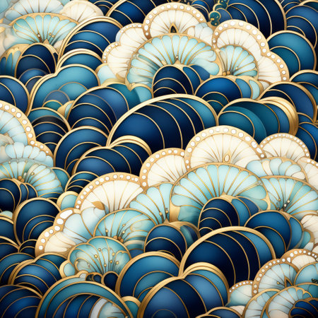 blue and gold dragonfly pattern inspired by futuristic chromatic waves, japanese art, porcelain, and detailed architecture. this intricate design showcases precise and detailed paintings of fantasy illustrations, with a touch of art deco glamour in the mix. the pattern also features beautifully detailed skies, making it a captivating piece of art. ai generatedの素材