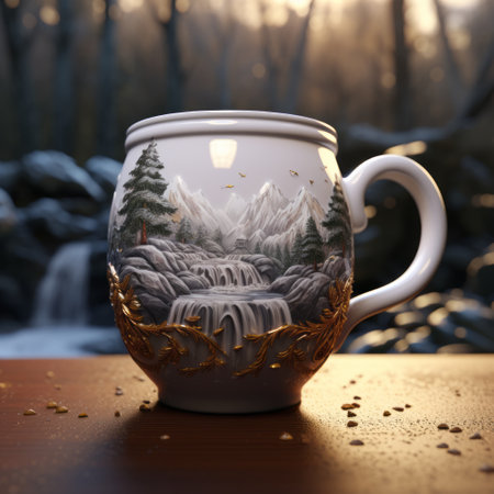 the photo showcases the 5 best mugs available for free download from the world of 3d modelers. these mugs are designed in the style of atmospheric landscape paintings by cristina mcallister, featuring a combination of light white and dark gold colors. the mugs exhibit a unique blend of cartoon realism and shallow depth of field, reminiscent of the artistic style of johnson tsang. some ofの素材