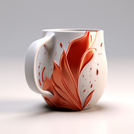 a red coffee mug with a vibrant red paint dripping over it, showcasing a unique daz3d style. the mug features intricate leaf patterns, with a contrasting combination of dark white and amber colors. the design showcases exceptional hard surface modeling and flowing forms, captured beautifully on a 70mm lens. the attention to detail is evident in the detailed sketching. ai generatedの素材