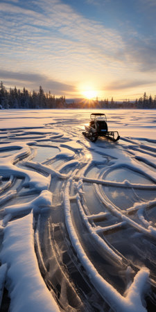 a frozen river covered with snow, showcasing a mesmerizing blend of mechanized abstraction and romantic dramatic landscapes. the scene is enhanced by the presence of classic american cars, beautifully illuminated by a captivating backlight. this national geographic photo captures the essence of norwegian nature, adorned with vibrant and colorful woodcarvings. ai generatedの素材