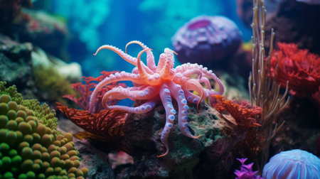 an octopus gracefully glides near vibrant coral in the deep sea. the photo captures the mesmerizing beauty of this marine creature, with its soft-focus style highlighting its light maroon and pink hues. inspired by marine biology, the image evokes a sensory experience, showcasing the animal's intensity. the composition reflects a whiplash line and is influenced by precisionism. ai generatedの素材