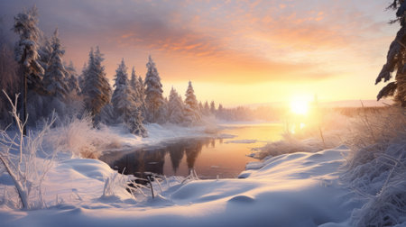 a winter scene background capturing the beauty of the winter season. this photo showcases a picturesque winter scenery in the style of national geographic. the colors of light orange and white create a stunning contrast, while the saturated pigment pools add depth to the image. the norwegian nature is highlighted with a touch of light gold and magenta. the use of vray tracing enhances theの素材