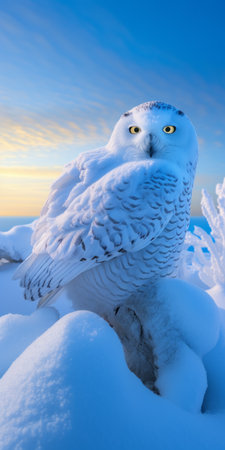 snowy owl with golden eyes lying in the snow, showcasing its captivating gaze against a backdrop reminiscent of richly colored skies. this mesmerizing optical illusion captures the essence of a wimmelbilder scene, resembling a stunning national geographic photo. the high dynamic range (hdr) and ultra-high definition (uhd) quality of this image enhance its visual impact. ai generatedの素材