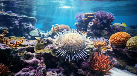 coral underwater with sponges in the water, showcasing hyperrealistic marine life. the interactive exhibits highlight the mesmerizing beauty of this norwegian nature scene. the light purple and white hues of the coral contrast with the sunrays shining upon it, creating a captivating visual. the manual focus lens captures the intricate details, revealing the stunning combination of light brown and teal tones. ai generatedの素材