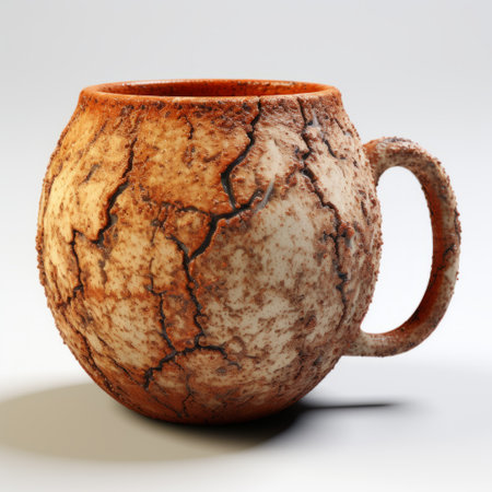a cracked mug with brown hair, showcasing the rusticcore aesthetic. this photo captures the raw materials and rough textures, rendered in maya using traditional techniques. the global illumination adds depth and realism to the spherical sculptures. ai generatedの素材