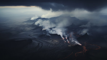 aerial view of a dark and atmospheric mountain range, captured with a sigma 85mm f1.4 dg hsm art lens. the image showcases a massive yellow lava eruption, creating a captivating and multi-layered narrative scene. this high-resolution, 8k photograph was commissioned for its stunning depiction of the powerful forces of nature. ai generatedの素材