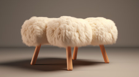 a 3d model of a faux fur stool created by scotland studio. this stool is rendered in maya and daz3d, featuring radiant clusters and a light white color. the design incorporates symbolic use of animals, influenced by zen buddhism. the compositions are tightly cropped, adding a modern touch to the overall aesthetic. ai generatedの素材