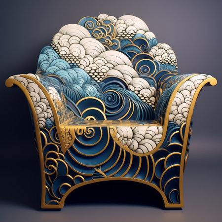 a golden blue decorative chair, inspired by intricate and bizarre illustrations, showcases naturalistic ocean waves. this unique piece draws influence from artists such as oleksandr bogomazov and lawren harris. created using vray, it incorporates traditional japanese artistic techniques, resulting in a captivating illustration. ai generatedの素材