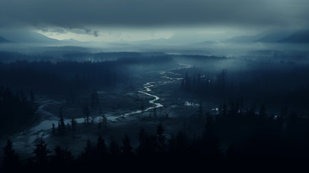 a dark, haunting photograph captures a decaying forest at night, showcasing the beauty of nature in a unique way. this 8k resolution image portrays a delicately rendered landscape reminiscent of romantic riverscapes. with a touch of whistlerian influence, this national geographic-worthy photo immerses viewers in the wilderness. ai generatedの素材