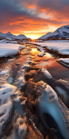 sunrise illuminating snow-covered mountains, captured in the style of fluid landscapes and romantic riverscapes. this photo showcases a photo-realistic landscape reminiscent of national geographic's stunning imagery. the golden light adds a touch of warmth to the scene, creating a captivating visual. shot with the zeiss batis 18mm f/2.8 lens, this image beautifully captures the melting pots of nature's beauty. ai generatedの素材