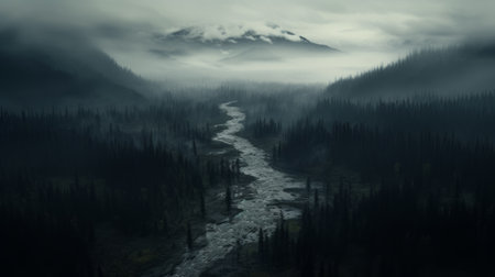 a dark forest with a river flowing through it, showcasing layered and atmospheric landscapes. this whistlerian-style photograph captures the essence of nature's beauty. the use of photobashing techniques adds depth to the image, reminiscent of national geographic's stunning photography. the industrial landscapes blend seamlessly with the eerily realistic monochromatic realism, creating a captivating visual experience. ai generatedの素材