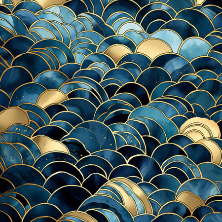 blue and gold seashells create a captivating background, complemented by the gentle waves. this art deco-inspired design features a fusion of blue, gold, silver, and copper tones, reminiscent of traditional chinese painting. the dark teal and dark sky-blue hues add depth to the neo-mosaic pattern, while the high level of detail and rounded shapes evoke the enchanting mori kei style. ai generatedの素材