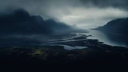 high resolution photo of the icelandic coast ocean, showcasing the stunning beauty of the landscape. this matte painting style image captures the moody atmosphere and foreboding landscapes with mountainous vistas. the dark and serene pastoral scenes create a captivating and mesmerizing view. the aerial photography highlights the cryengine technology used to capture this breathtaking shot. ai generatedの素材