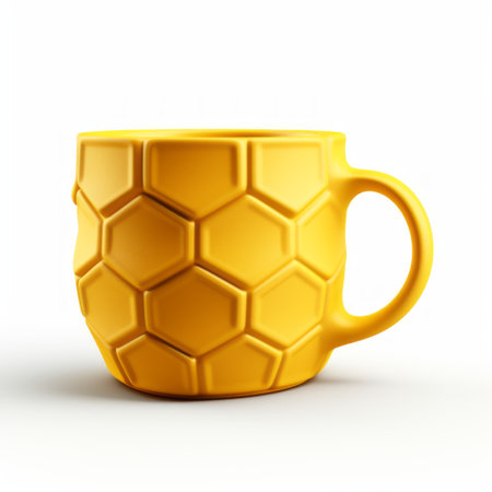 a yellow honeycomb mug, created using the zbrush software, showcases symbolic objects. this 3d plastic mug embodies the artistic styles of sumatraism and tupinipunk, paying homage to the renowned artist herb trimpe. ai generatedの素材