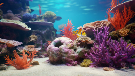 a 3d underwater reef showcasing a vibrant array of colorful corals. this meticulous and photorealistic still life exhibit features interactive elements. the reef is adorned with yellow and violet hues, with selective focus enhancing the details. it is reminiscent of museum gallery dioramas, creating a surreal and dreamlike imagery. the overall color palette consists of light orange and beige tones. ai generatedの素材